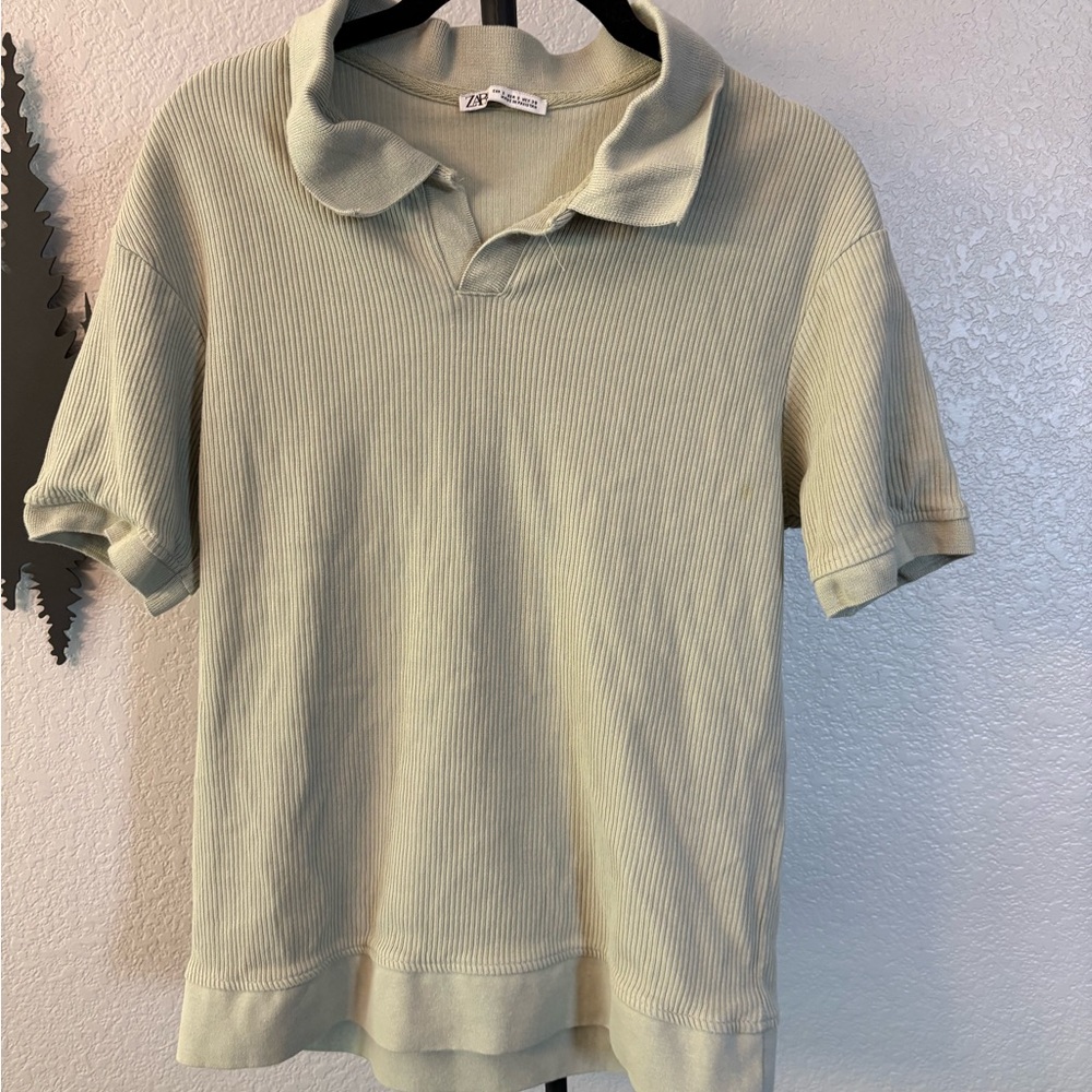 Zara Sage Ribbed Polo Top